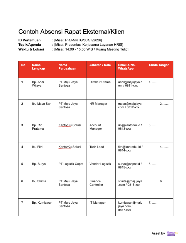 Contoh Absensi Rapat Eksternal/Klien