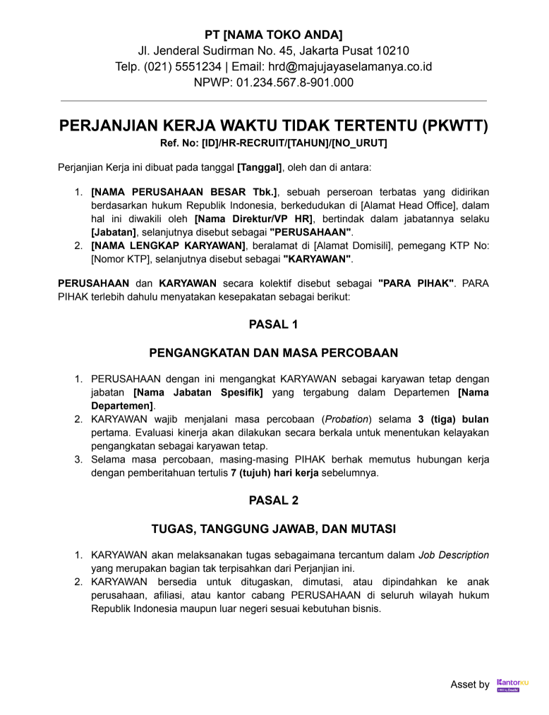 Contoh Surat Perjanjian Kerja PDF