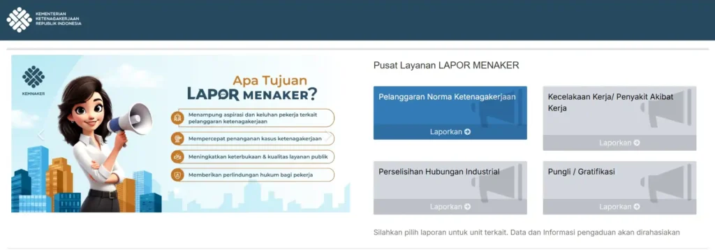 Tampilan Website Lapor Menaker