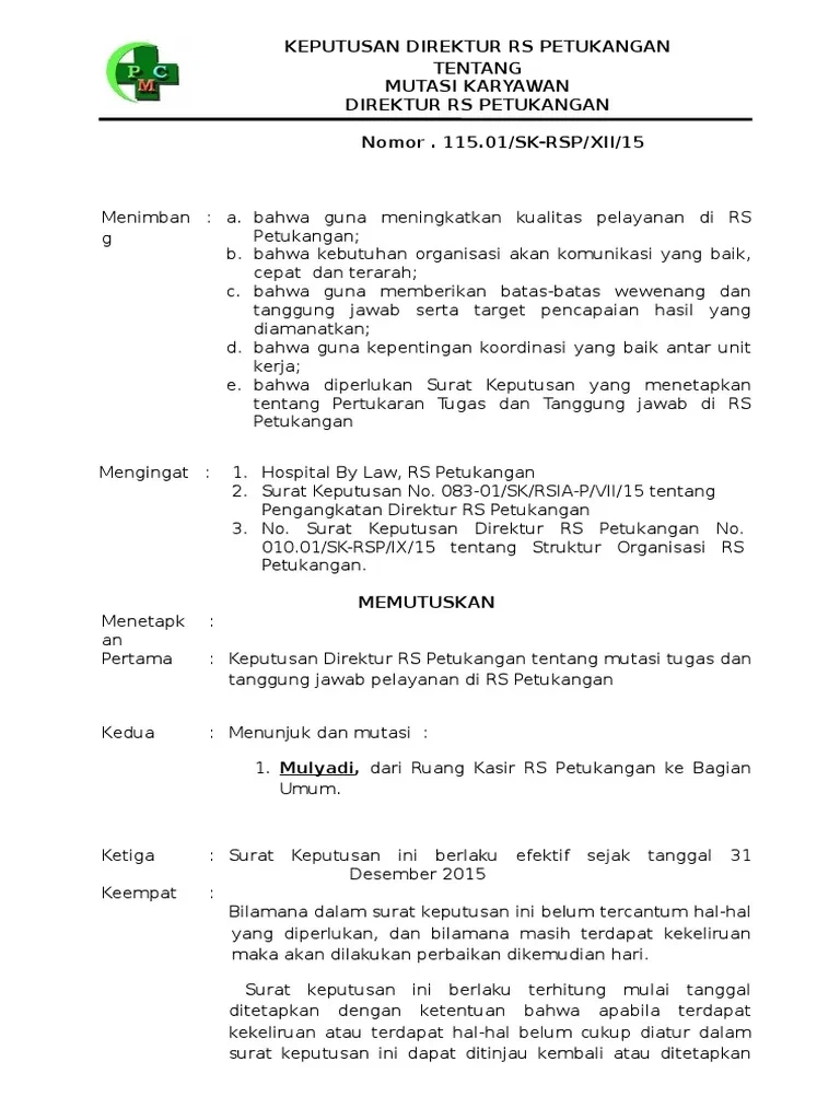 Contoh Surat Keputusan Mutasi