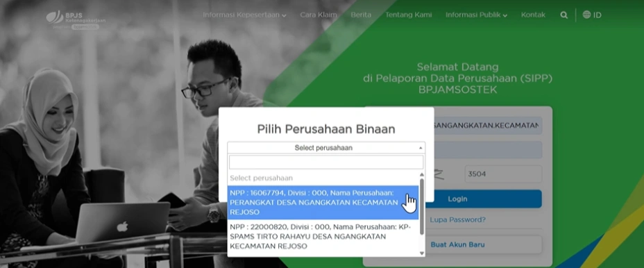 Tampilan Pilihan Perusahaan Binaan di SIPP