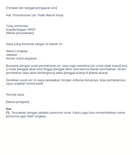 Contoh Surat Izin Tidak Masuk Kerja Karena Menikah