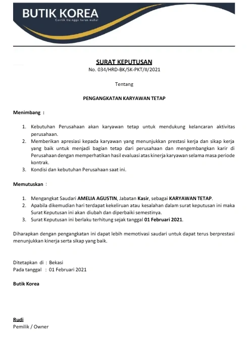 Contoh Surat Keputusan Perusahaan