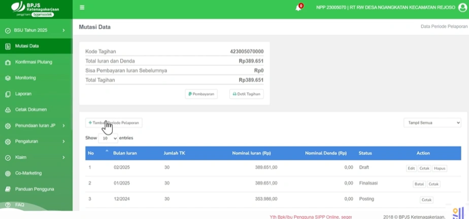 Tampilan Menu Mutasi Data di SIPP