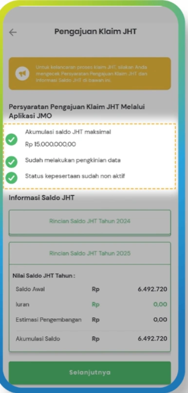 Tampilan Persyaratan Pengajuan JHT di Aplikasi JMO