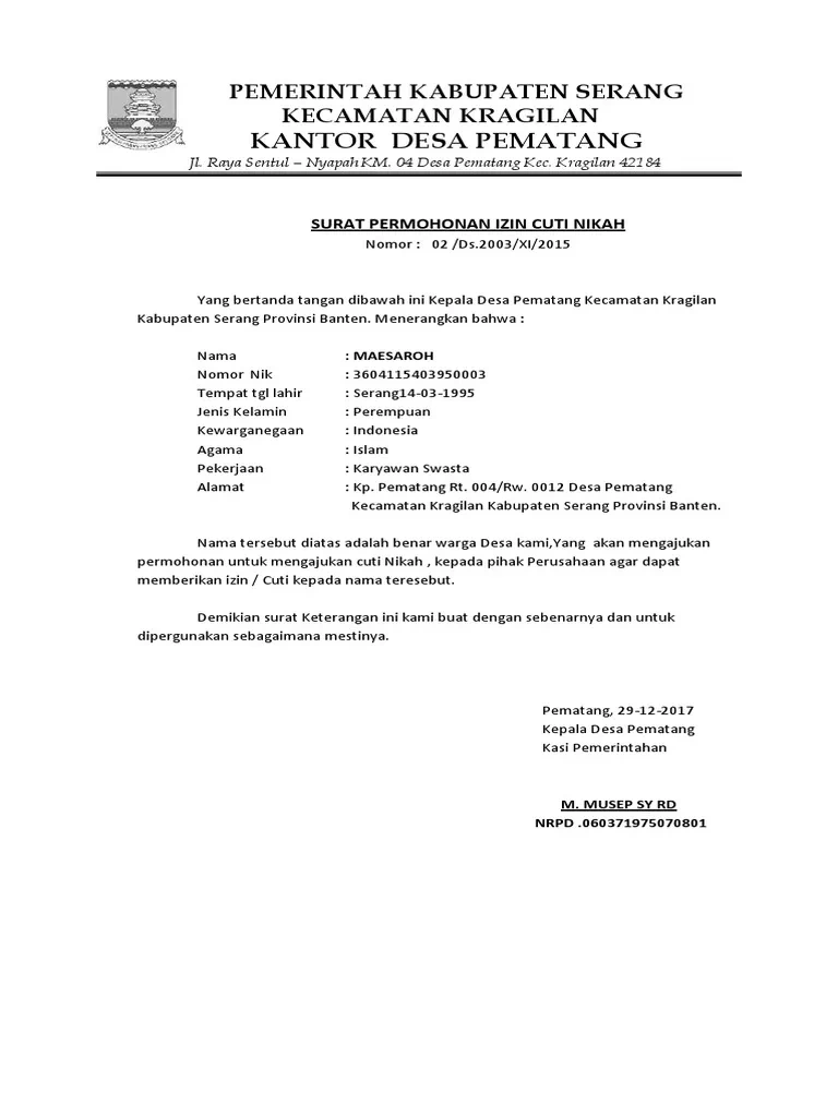 Contoh Surat Izin Cuti Menikah dari Desa
