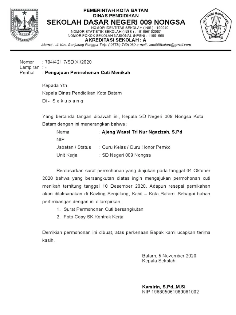 Contoh Surat Izin Cuti Menikah di Sekolah