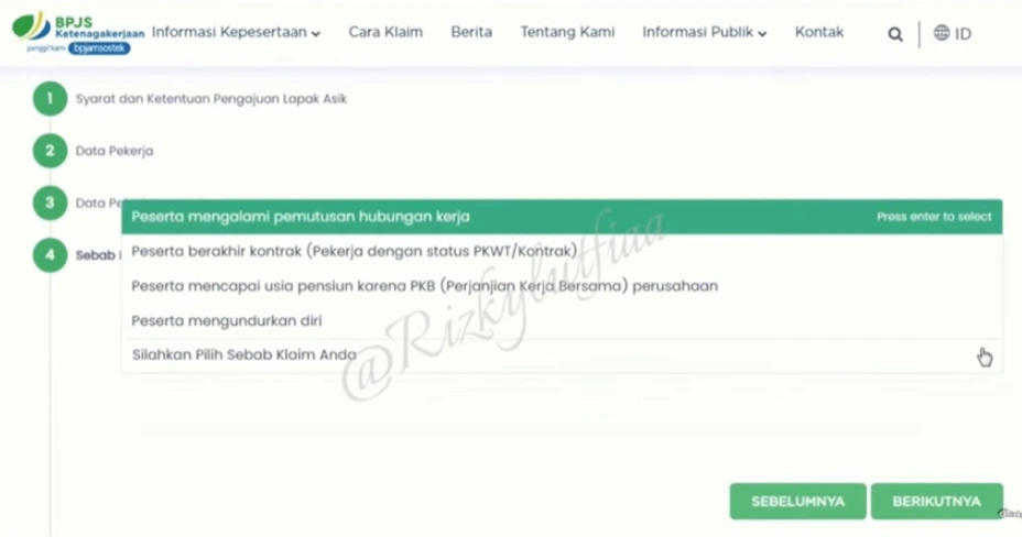 Tampilan Pilihan Sebab Klaim di Lapak Asik