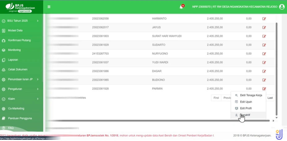 Tampilan Menu Action di SIPP