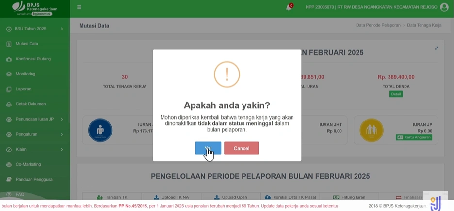 Tampilan Notifikasi Nonaktif di SIPP