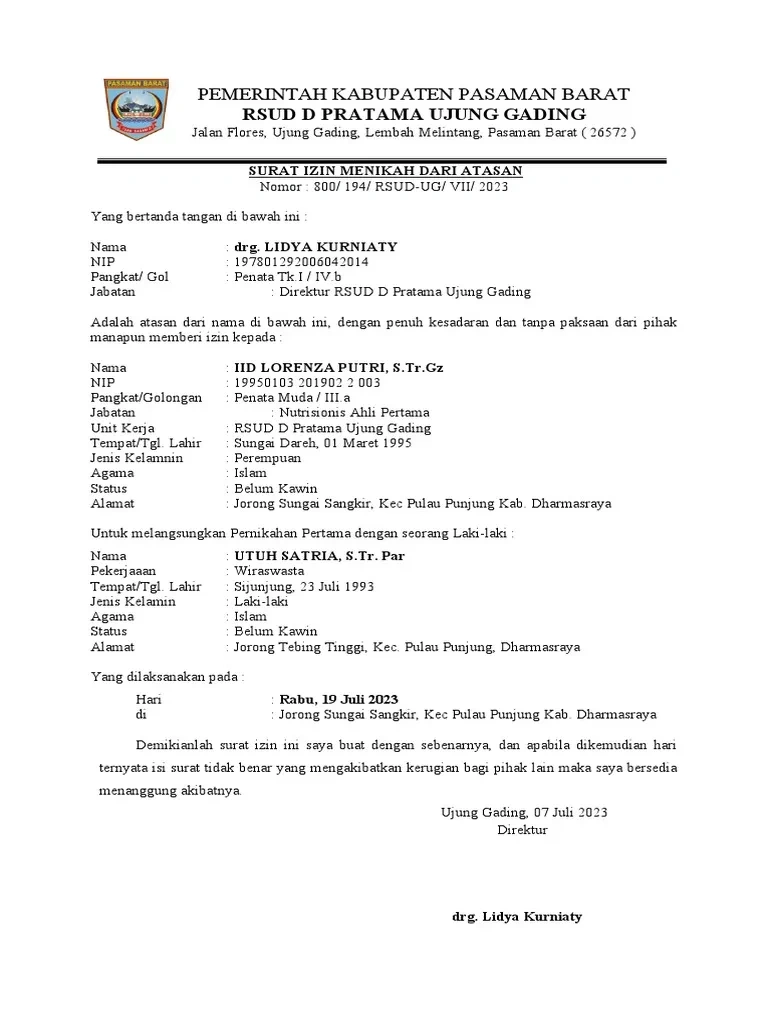 Contoh Surat Izin Cuti Menikah dari Atasan untuk PNS