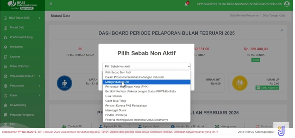 Tampilan Pilihan Sebab Nonaktif di SIPP