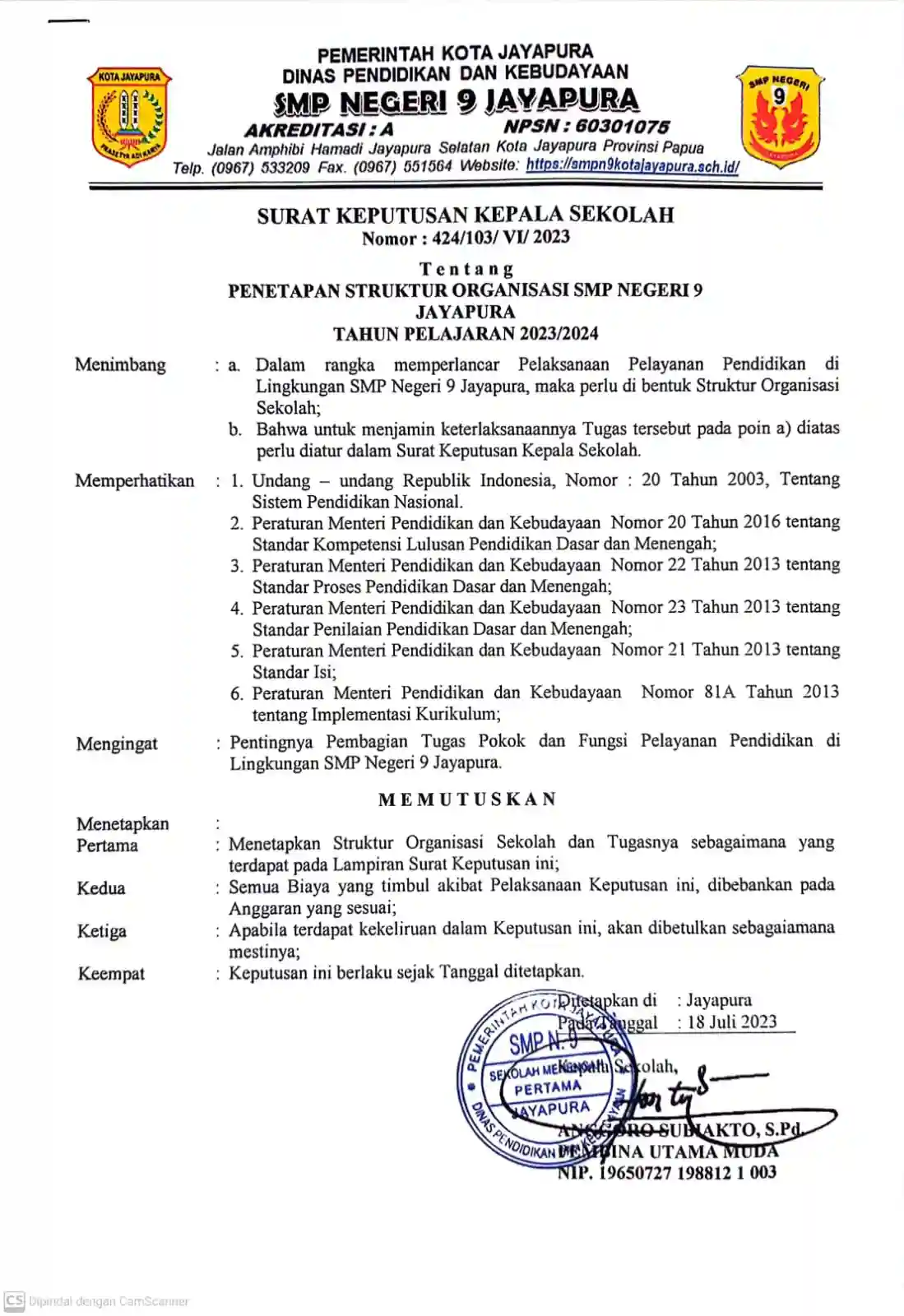 Contoh Surat Keputusan Kepala Sekolah