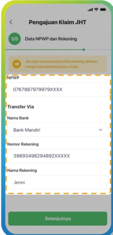 Tampilan Pengisian Data NPWP & Rekening di Aplikasi JMO