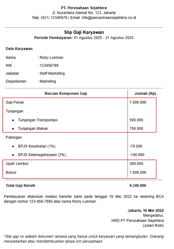 Contoh Gaji Bruto di Slip Gaji Karyawan Swasta
