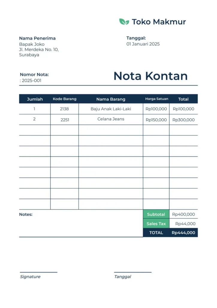 Contoh Nota Kontan