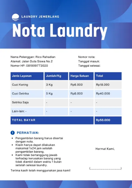 Contoh Nota yang Sudah Diisi