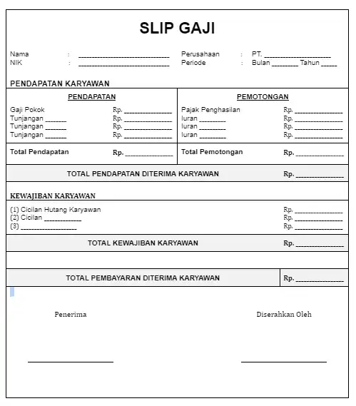 Contoh Slip Gaji Kosong Karyawan dengan Cicilan