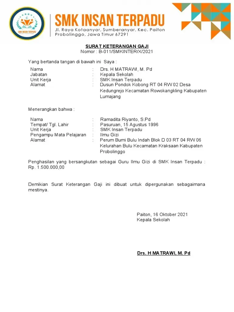 Surat Keterangan Gaji Guru