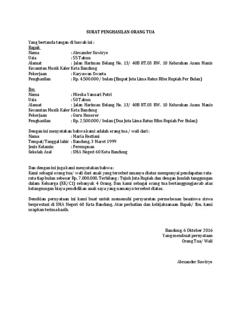 Surat Keterangan Gaji untuk Beasiswa