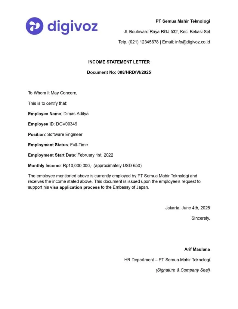 Surat Keterangan Gaji untuk Pengajuan Visa