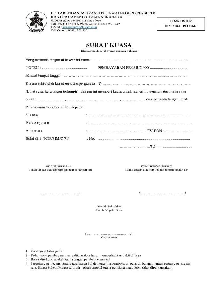 Surat Kuasa Pengambilan Gaji Pensiun Taspen