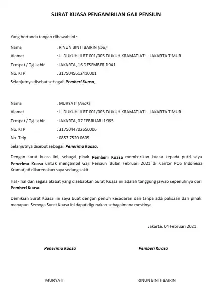 Surat Kuasa Pengambilan Gaji Pensiun