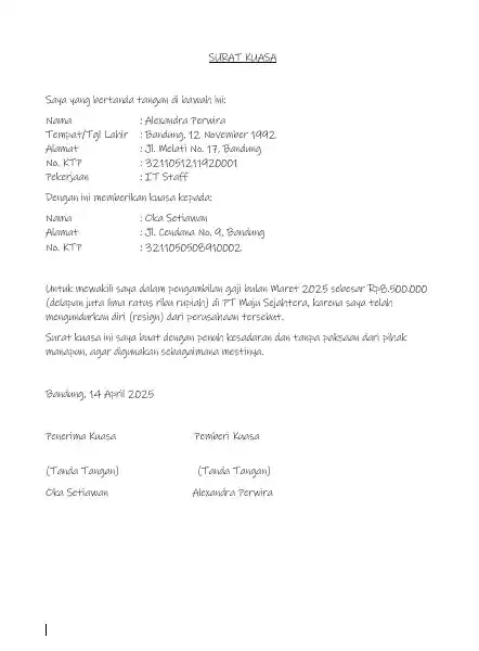 Surat Kuasa Pengambilan Gaji Tulis Tangan