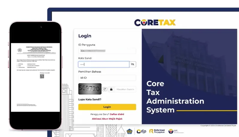 Tampilan Halaman Login Coretax dan Surat Penerbitan Akun Wajib Pajak