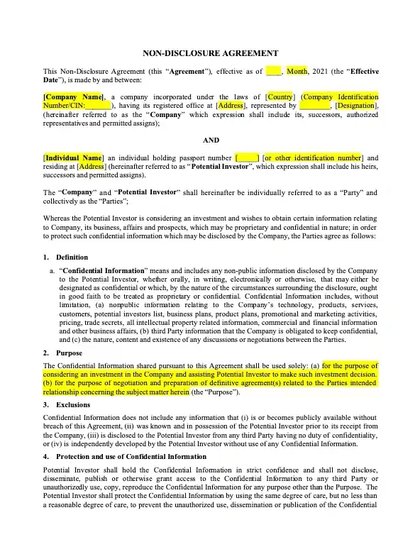 Contoh Non Disclosure Agreement untuk Investor