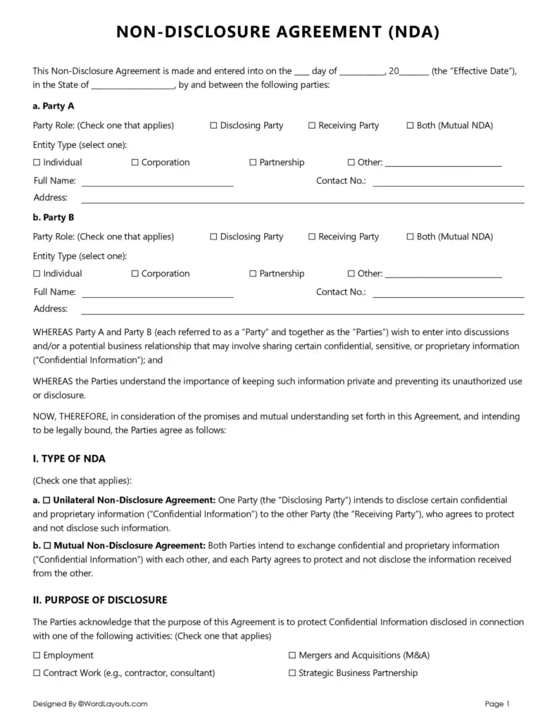 Contoh Non Disclosure Agreement untuk Akuisisi atau Merger