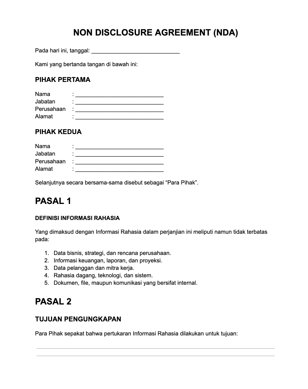 Contoh Non Disclosure Agreement Word