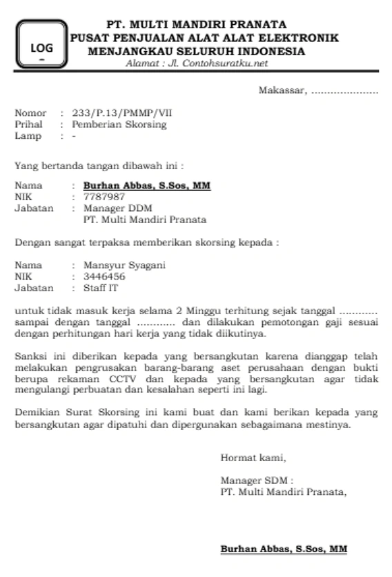 Contoh Surat Skorsing Karyawan Selama 2 Minggu