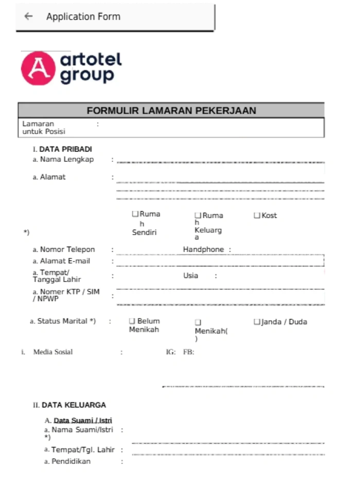 Template Form Lamaran Kerja Artotel Group