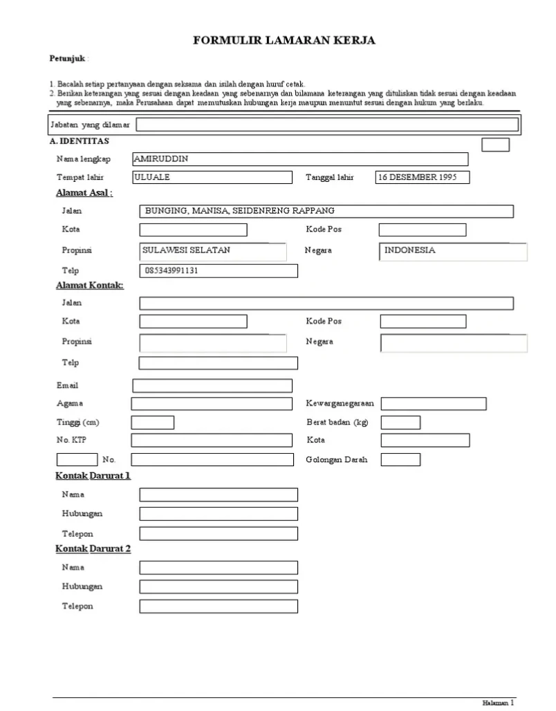 Template Form Lamaran Kerja Karyawan Swasta