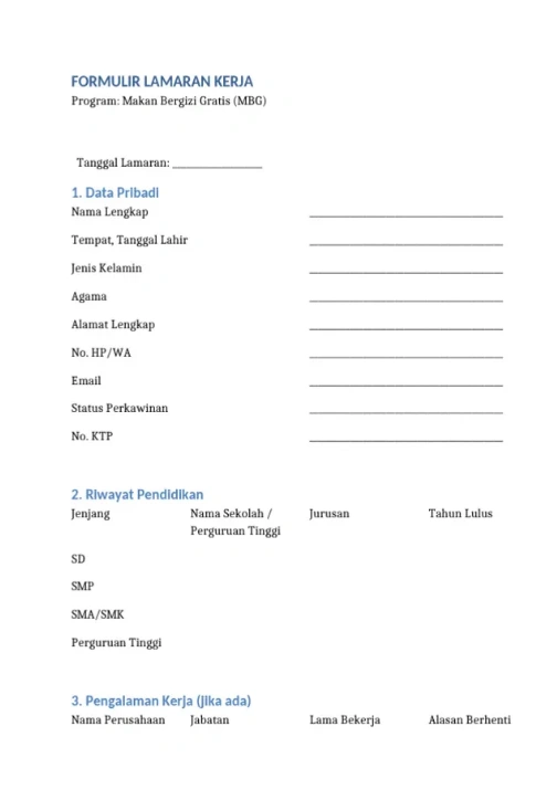 Template Form Lamaran Kerja MBG