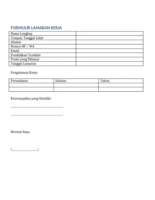 Template Form Lamaran Kerja Sederhana