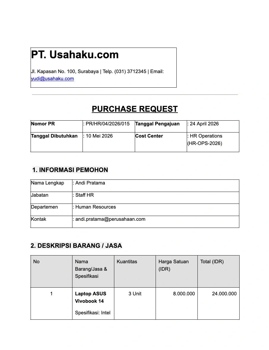 Contoh Purchase Request
