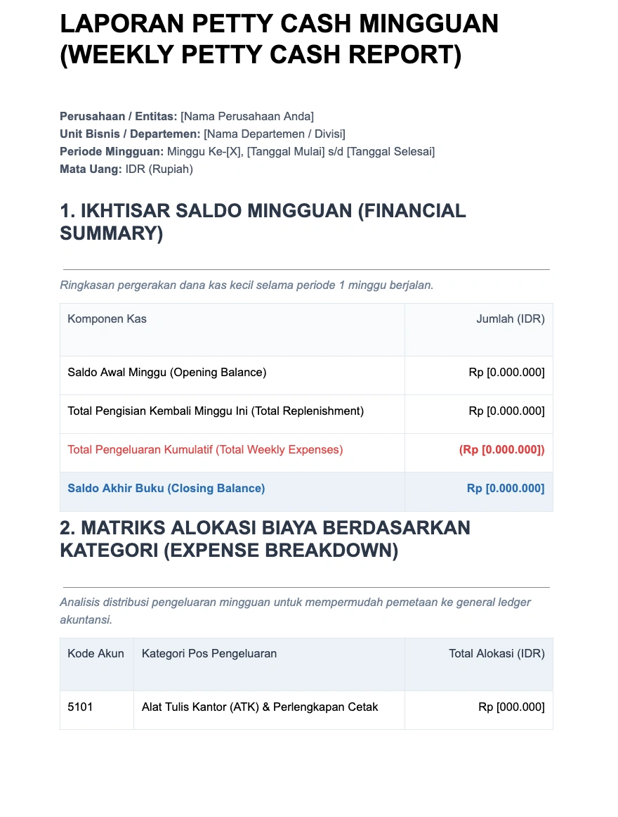 Template Petty Cash Mingguan