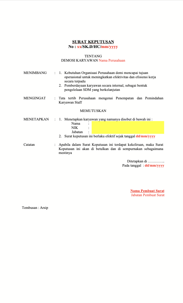 Contoh Surat Demosi Karyawan