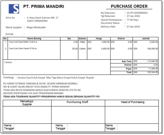 Contoh Purchase Order Perusahaan