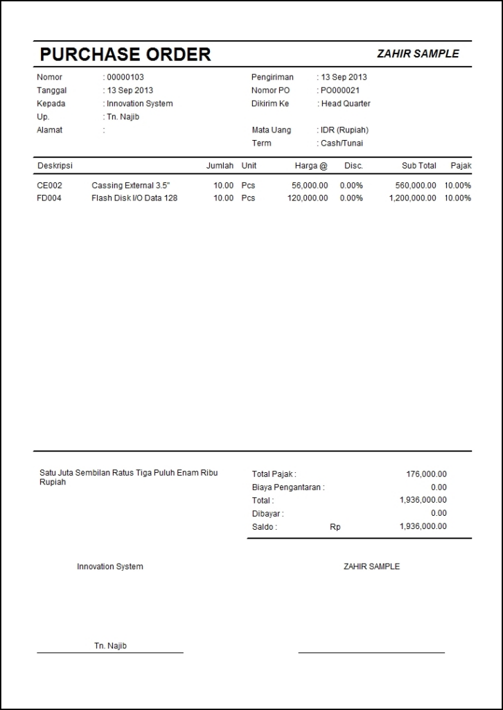 Contoh Purchase OrderBarang Elektronik