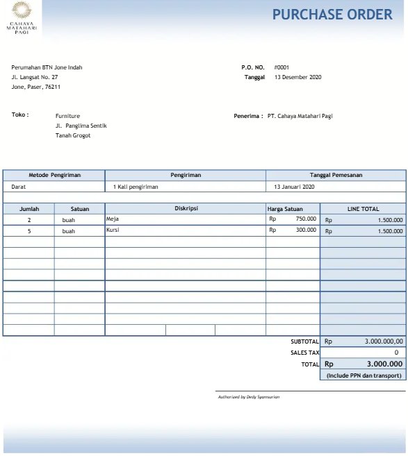 Contoh Purchase OrderFurnitur