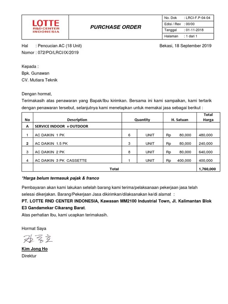 Contoh Purchase Order Jasa