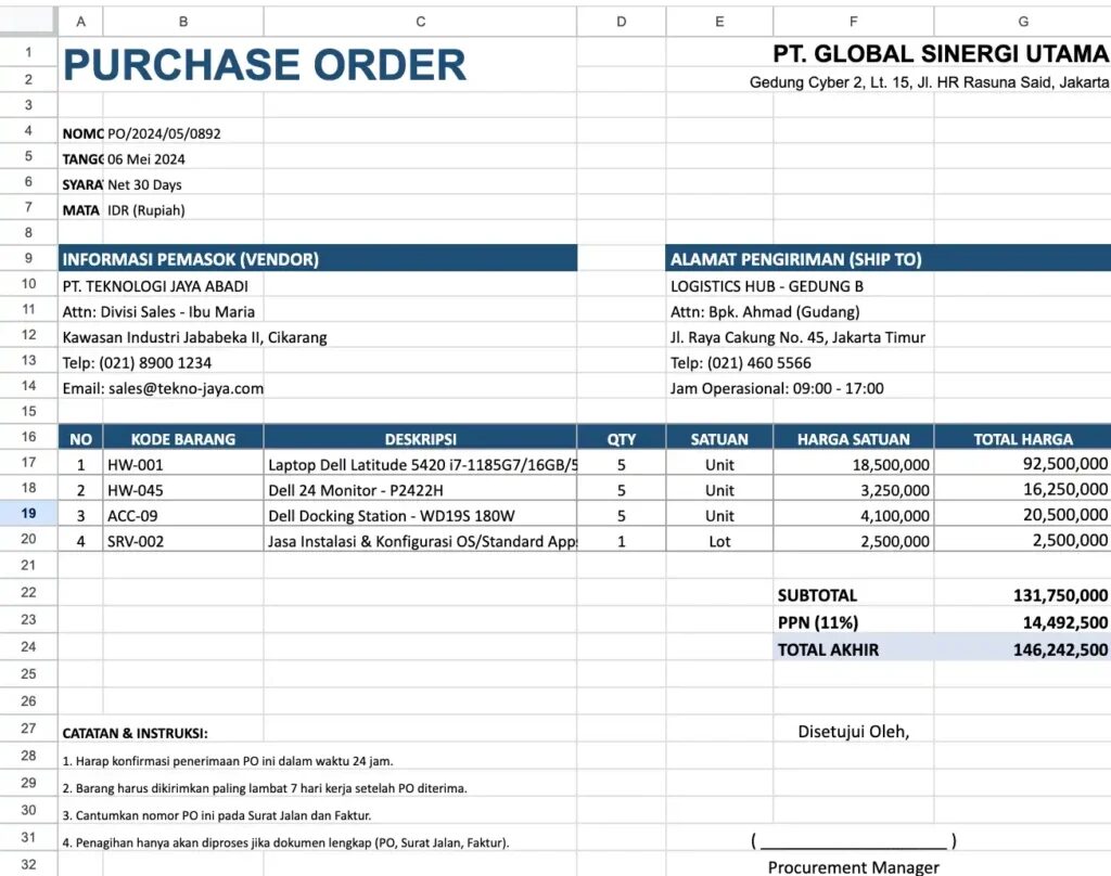 Contoh Purchase OrderExcel