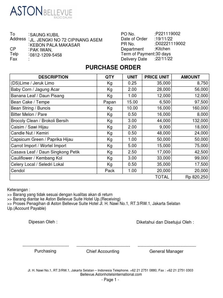 Contoh Purchase OrderMakanan & Minuman