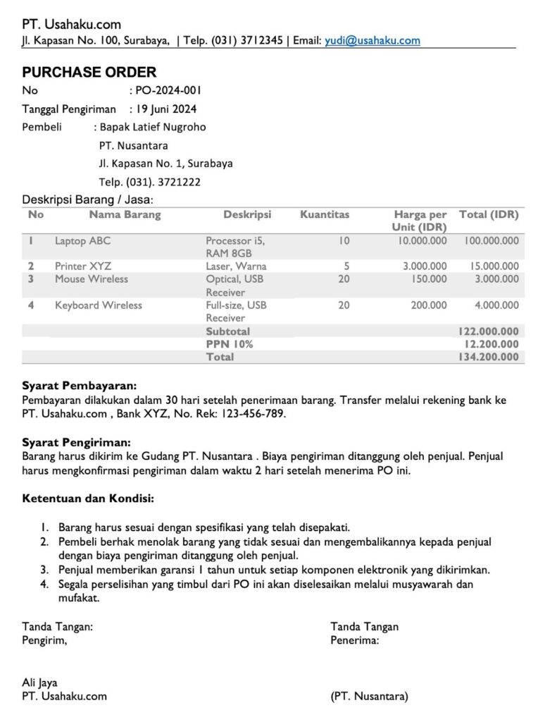 Contoh Purchase OrderBahasa Indonesia