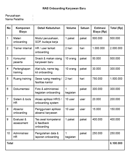 Template Biaya Training OnboardingKaryawan Baru