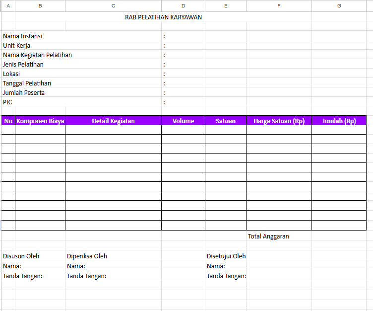 Template Biaya Training Karyawan Excel