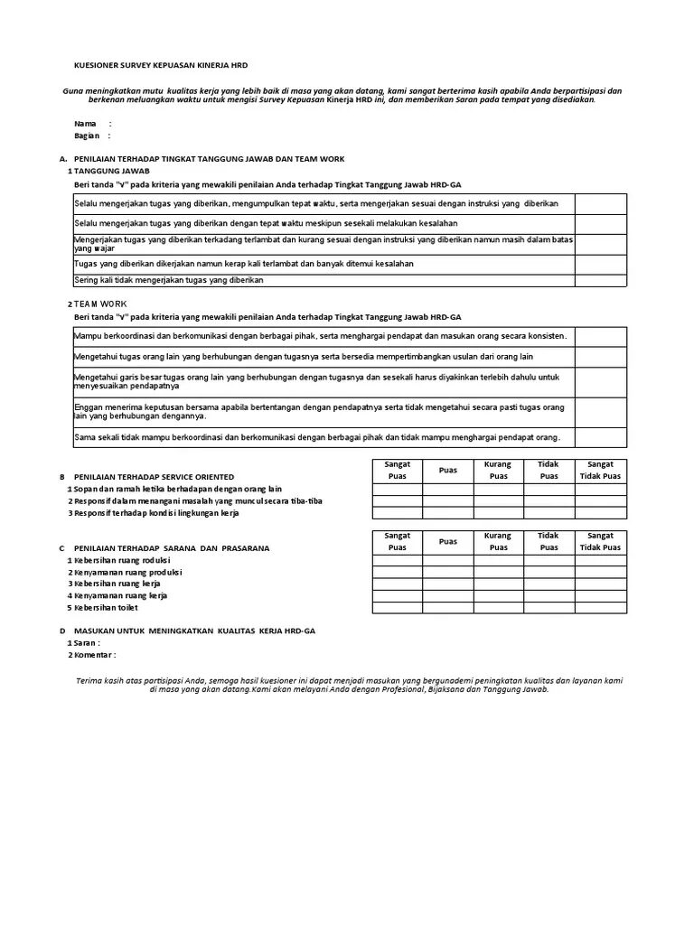 Contoh Form Survey Kepuasan Karyawan Evaluasi Keadilan & Transparansi HR